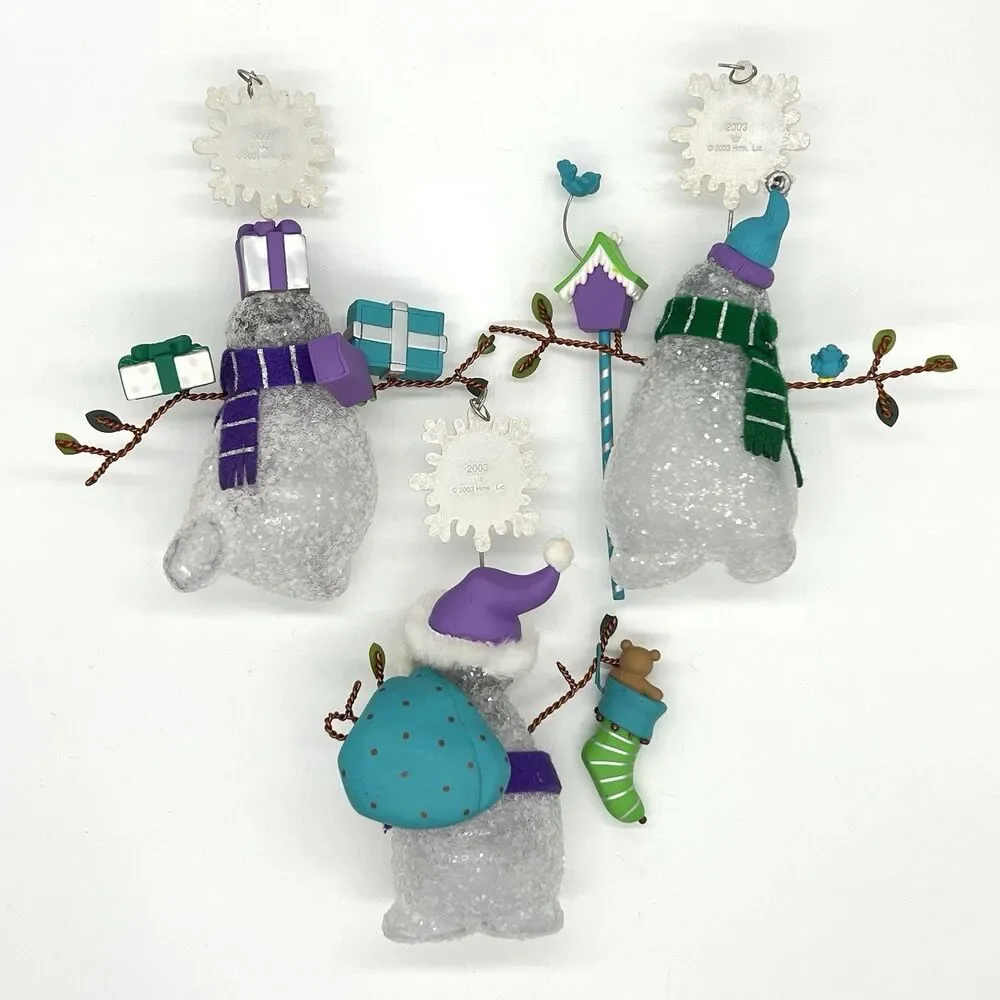 VTG Hallmark Keepsake 2003 Snowmans Land Christmas Ornament Set Glitter Clear x3